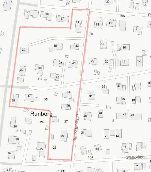 Berörda fastigheter inom röd markering på karta