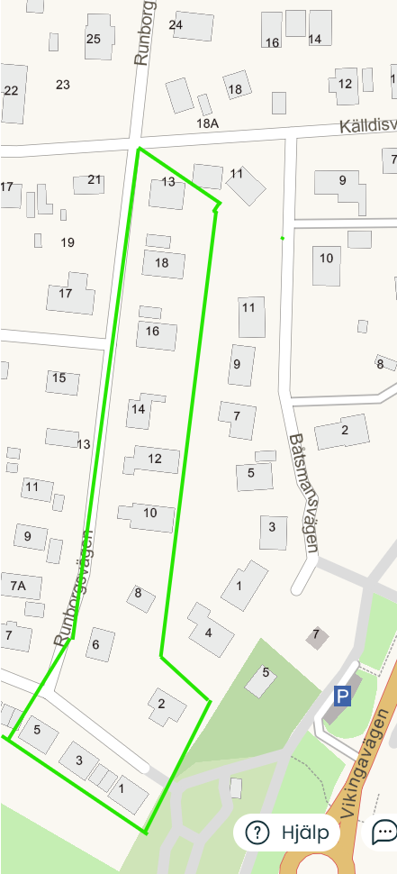 Berörda fastigheter inom grön markering