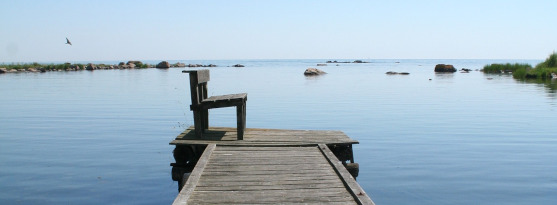 Bilden visar en badbrygga och horisont