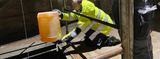 ECORISK 2050 Bilden visar när ett ofarligt färgämne släpps ut i avloppsnätet för att kunna spåras genom reningsverket
